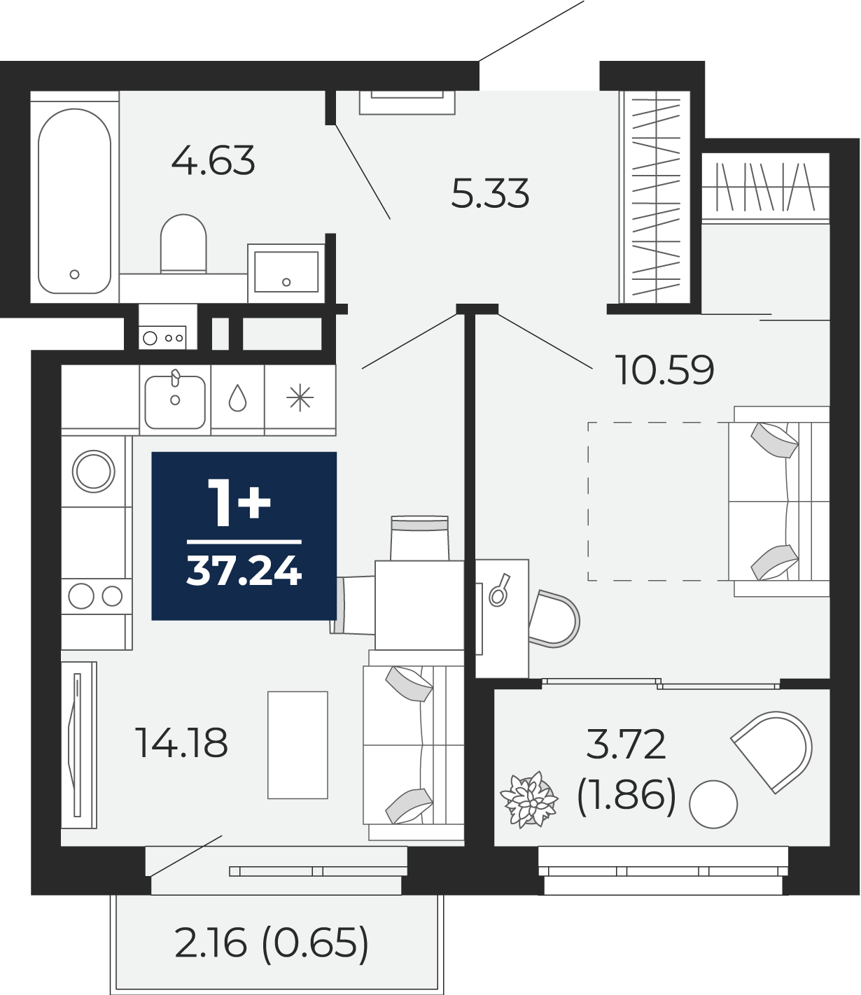 Квартира № 115, 1-комнатная, 37.24 кв. м, 13 этаж