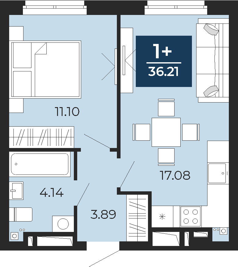 Квартира № 314, 1-комнатная, 36.21 кв. м, 24 этаж
