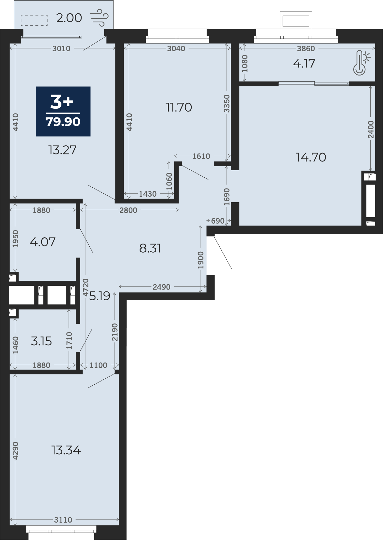 Квартира № 479, 3-комнатная, 78.5 кв. м, 6 этаж