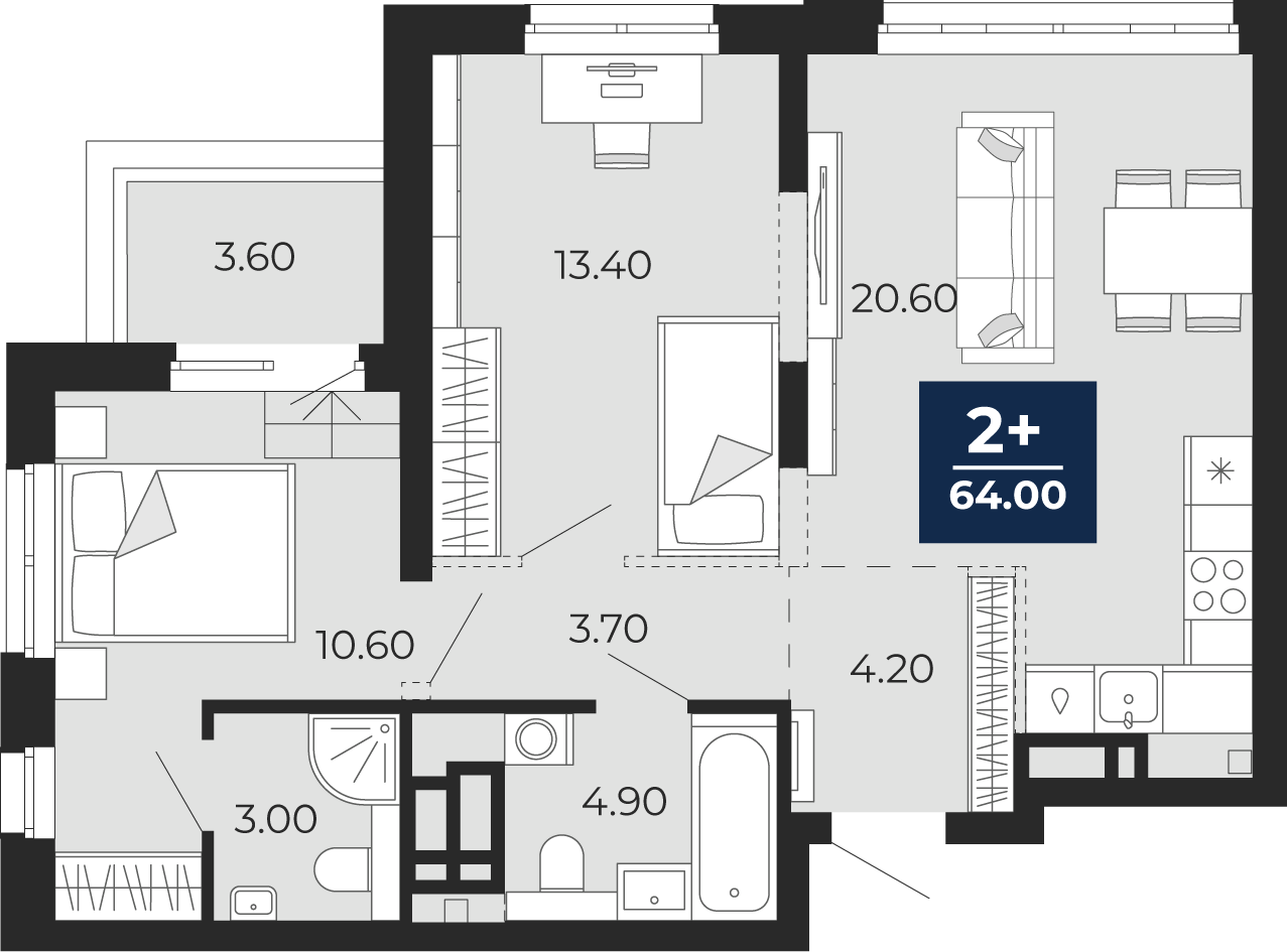 Квартира № 421, 2-комнатная, 64 кв. м, 14 этаж