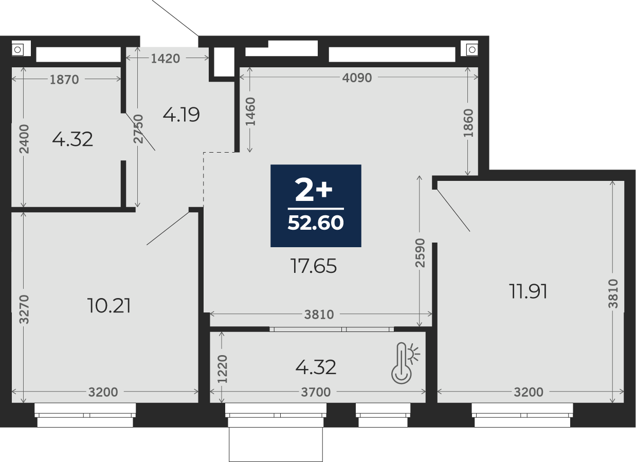 Квартира № 208, 2-комнатная, 52.6 кв. м, 13 этаж