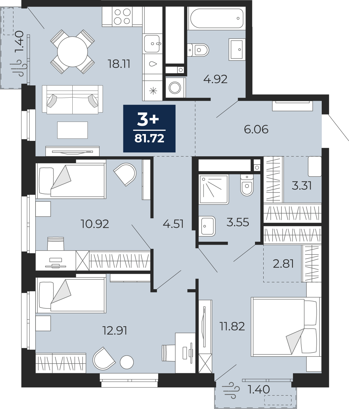 Планировка: 4-комнатная евро 81.7 м² в ЖК Мириады, Мыс