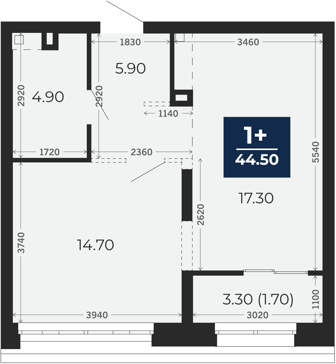 Квартира № 358, 1-комнатная, 44.5 кв. м, 2 этаж