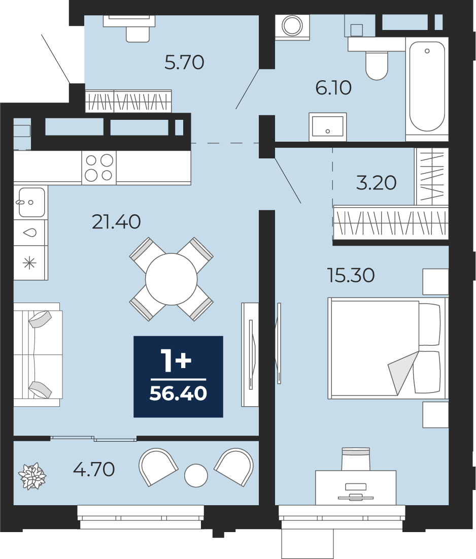 Квартира № 228, 1-комнатная, 56.4 кв. м, 20 этаж