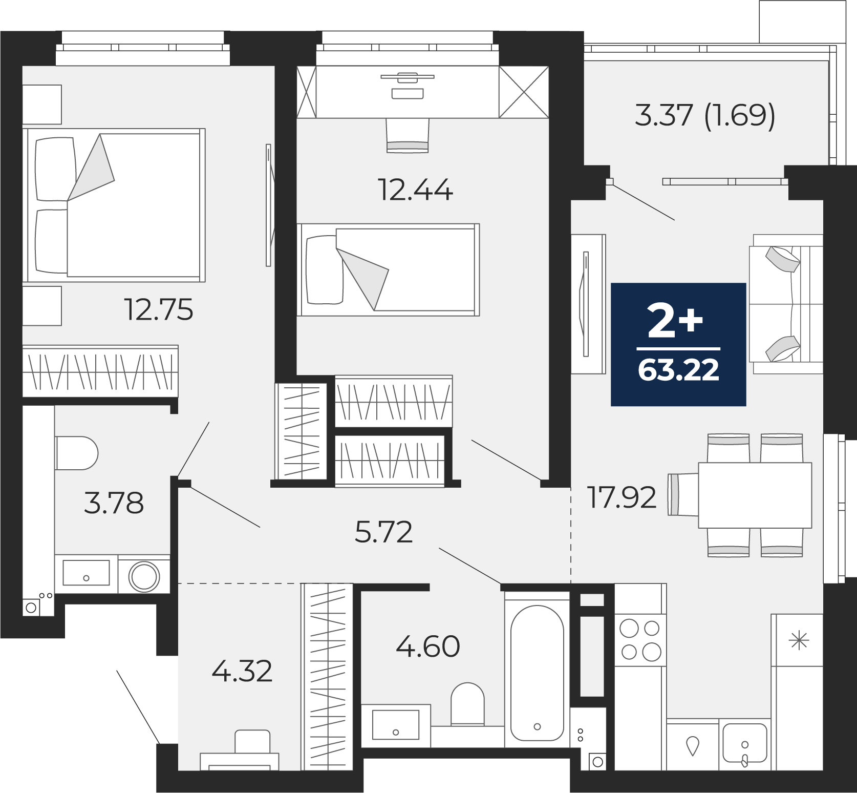 Квартира № 230, 2-комнатная, 63.22 кв. м, 19 этаж