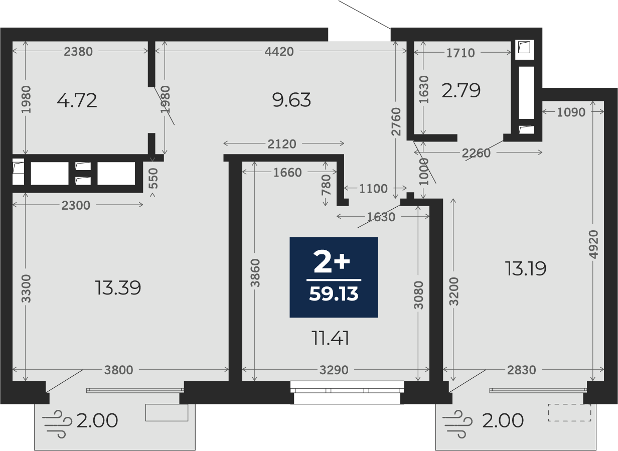 Квартира № 275, 2-комнатная, 59.13 кв. м, 13 этаж