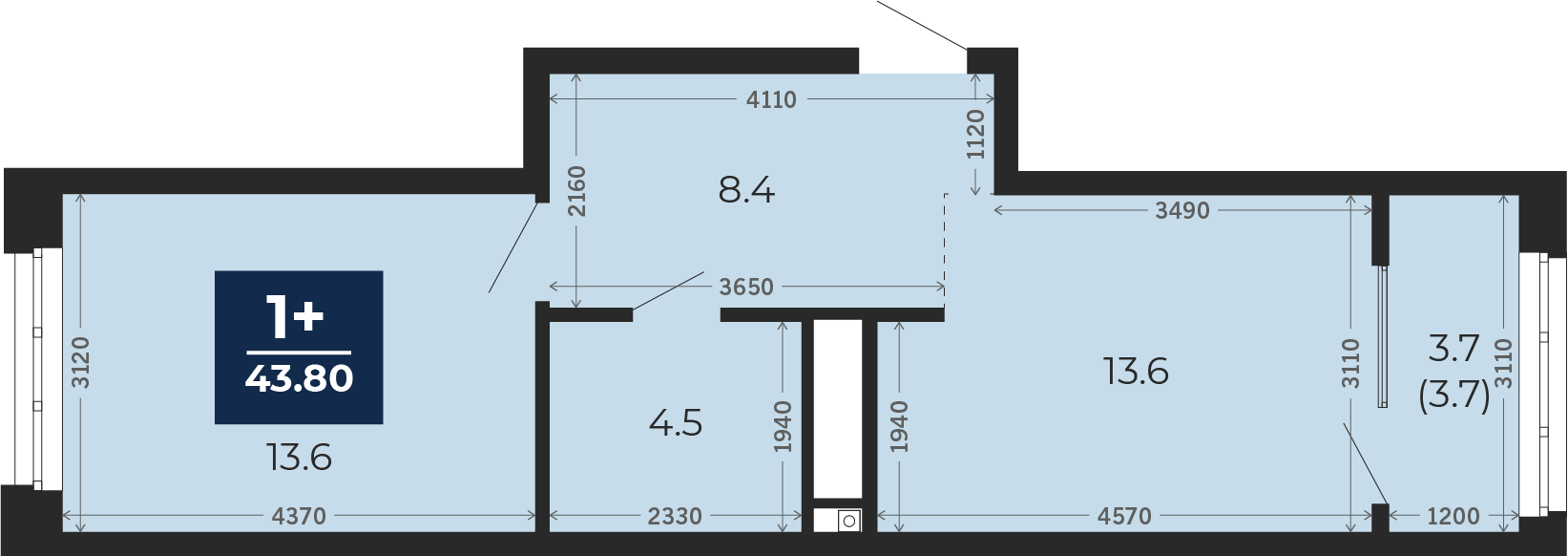 Квартира № 191, 1-комнатная, 43.8 кв. м, 14 этаж