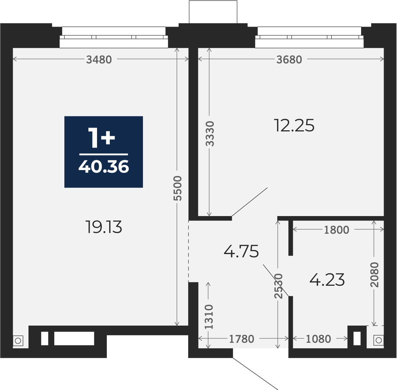 Квартира № 291, 1-комнатная, 40.36 кв. м, 2 этаж