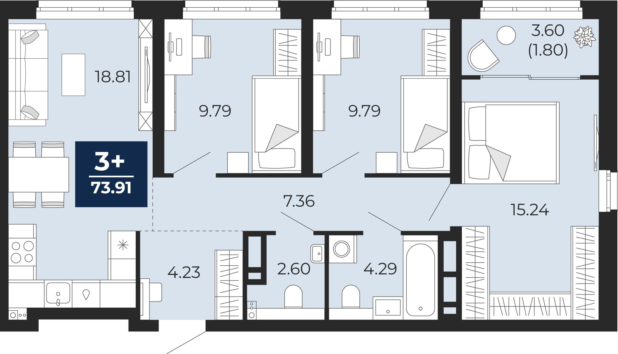 Квартира № 26, 3-комнатная, 73.91 кв. м, 7 этаж