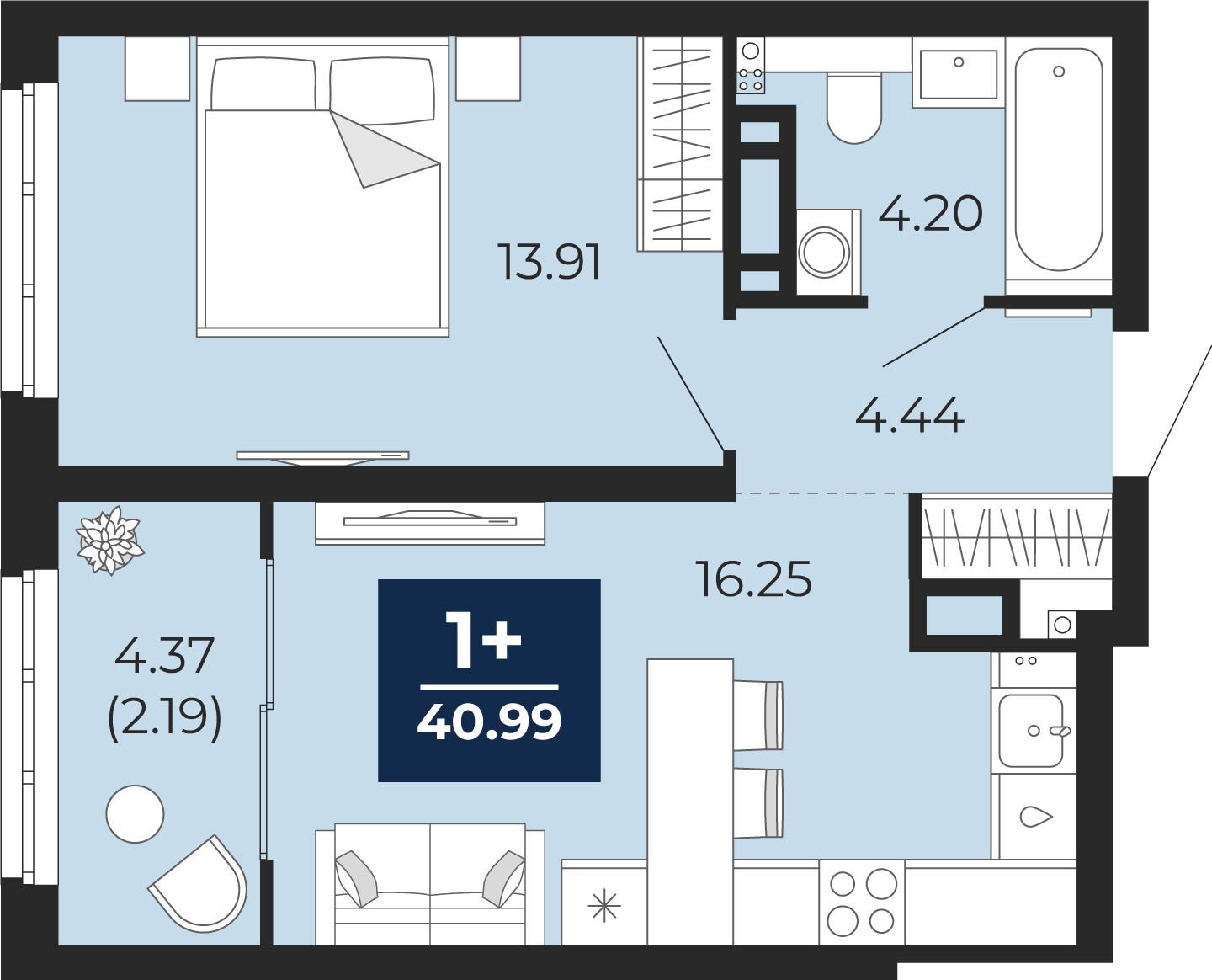 Квартира № 308, 1-комнатная, 40.99 кв. м, 2 этаж