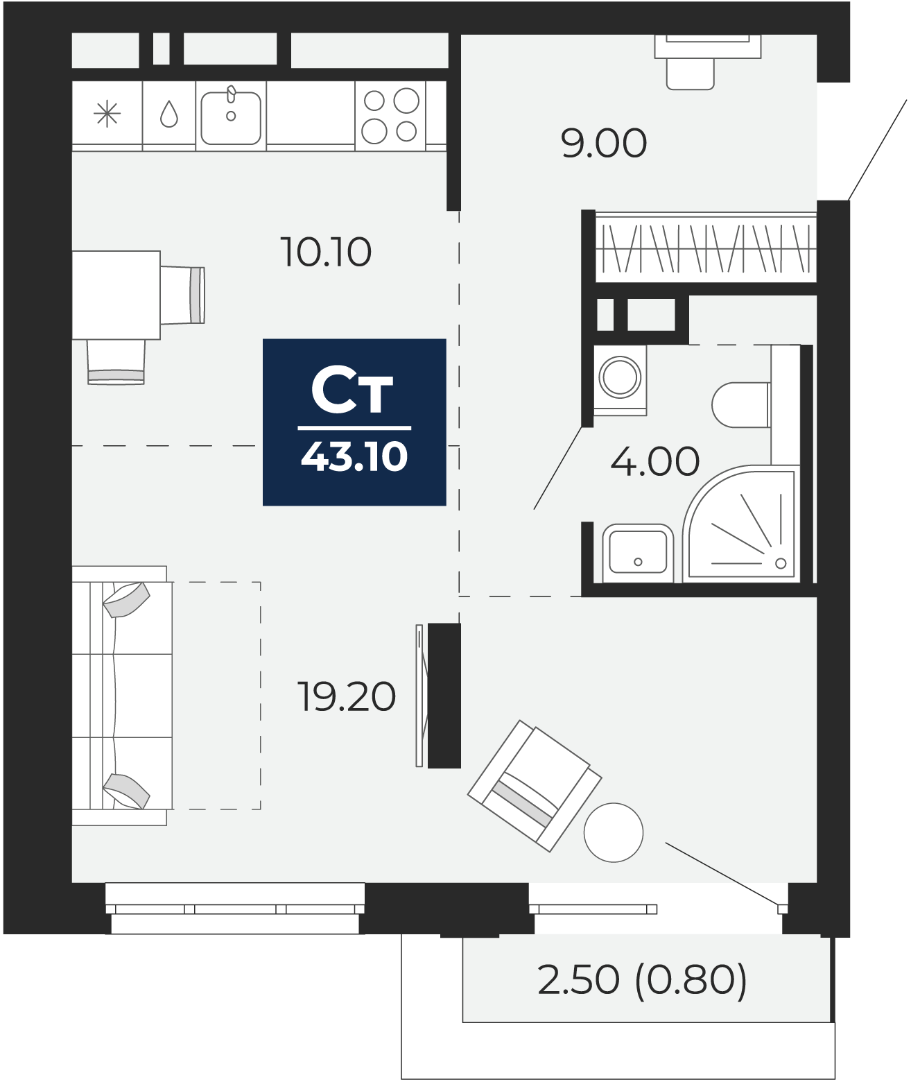 Квартира № 346, Студия, 43.1 кв. м, 17 этаж