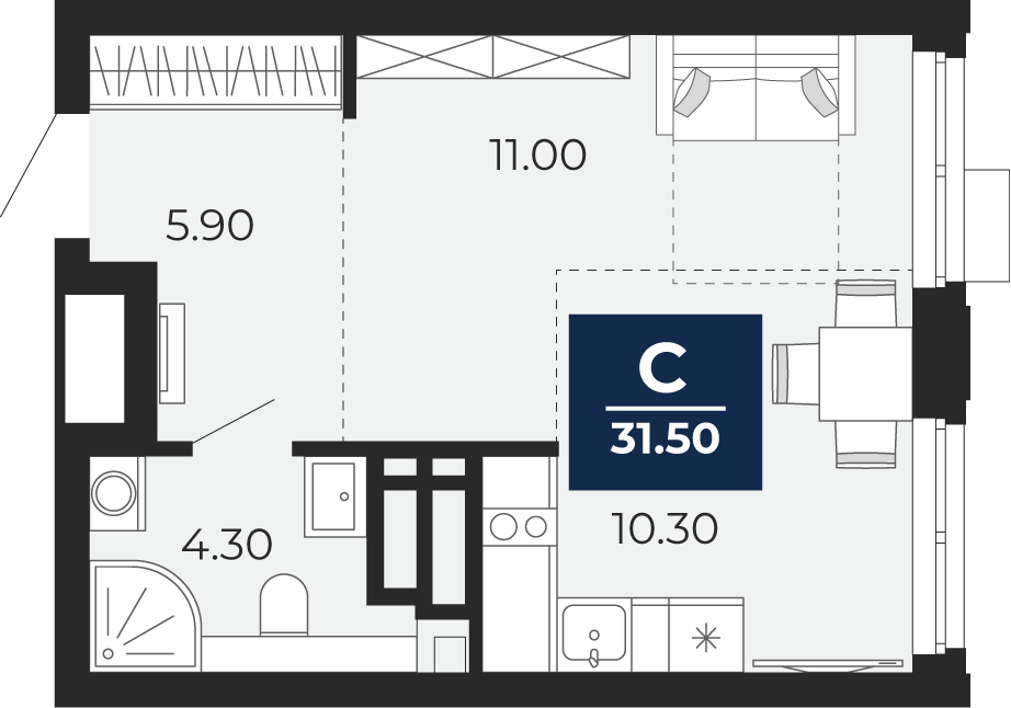 Квартира № 243, Студия, 31.5 кв. м, 17 этаж