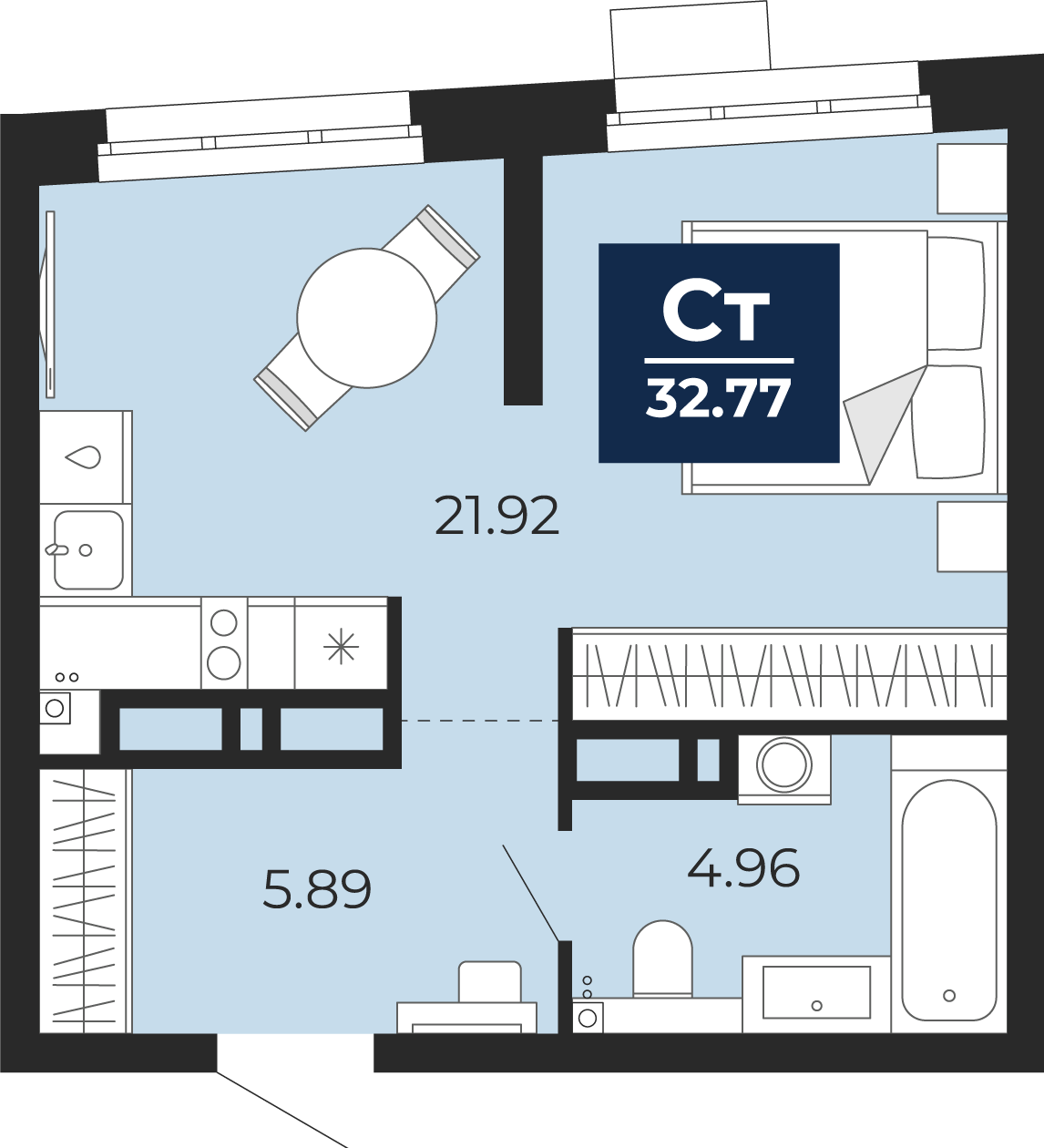 Квартира № 23, Студия, 32.77 кв. м, 4 этаж