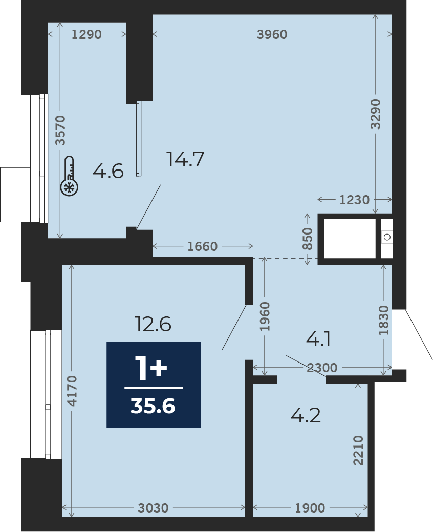 Квартира № 15, 1-комнатная, 40.7 кв. м, 3 этаж