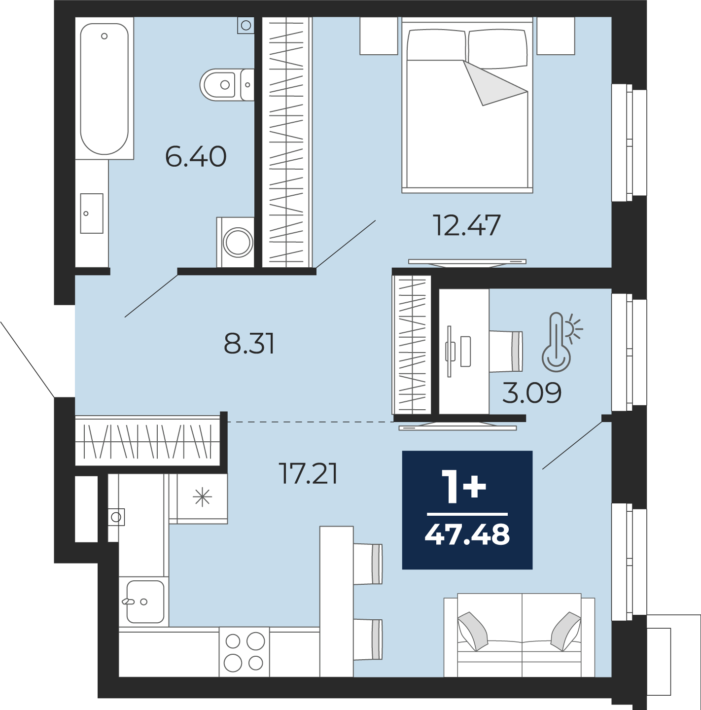 Квартира № 42, 1-комнатная, 47.48 кв. м, 2 этаж