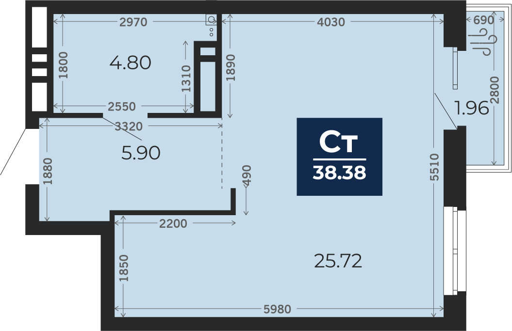 Квартира № 52, Студия, 37.01 кв. м, 8 этаж