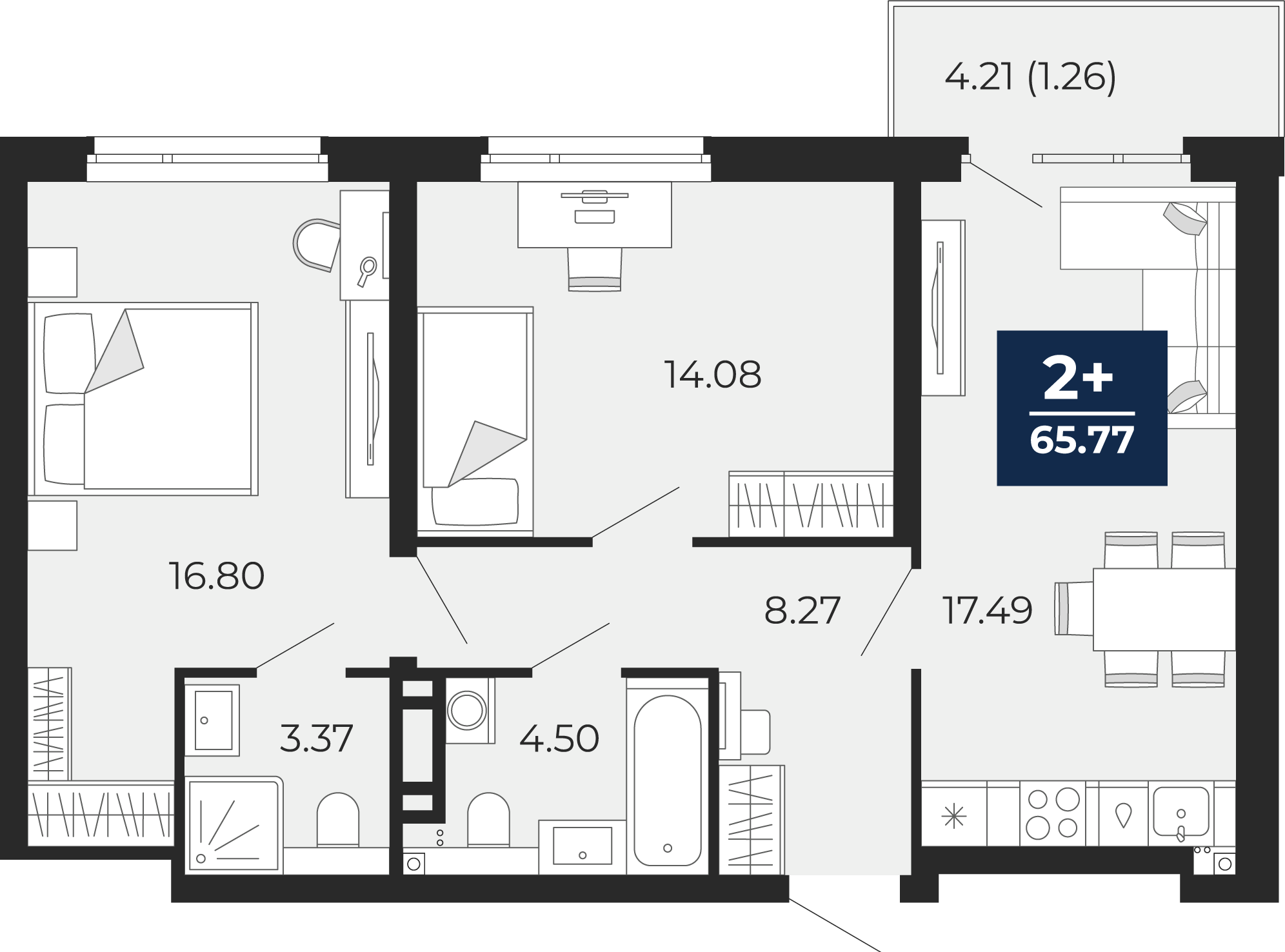 Квартира № 131, 2-комнатная, 65.77 кв. м, 17 этаж