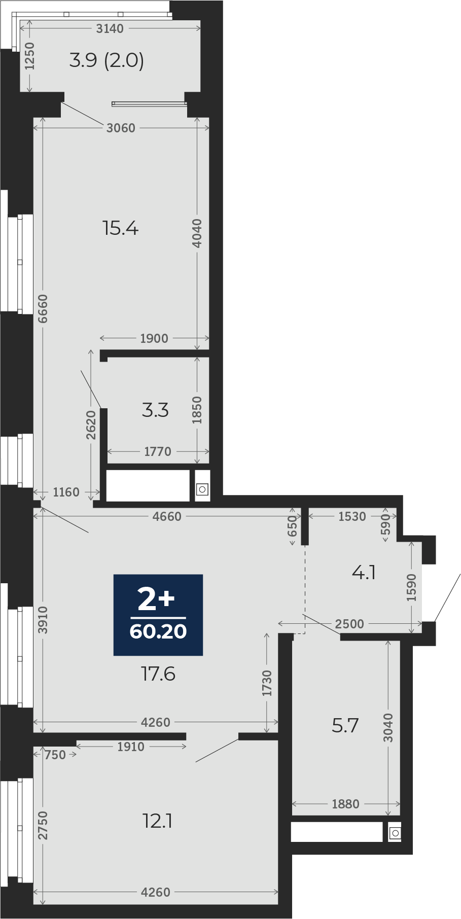 Квартира № 168, 2-комнатная, 62.1 кв. м, 10 этаж
