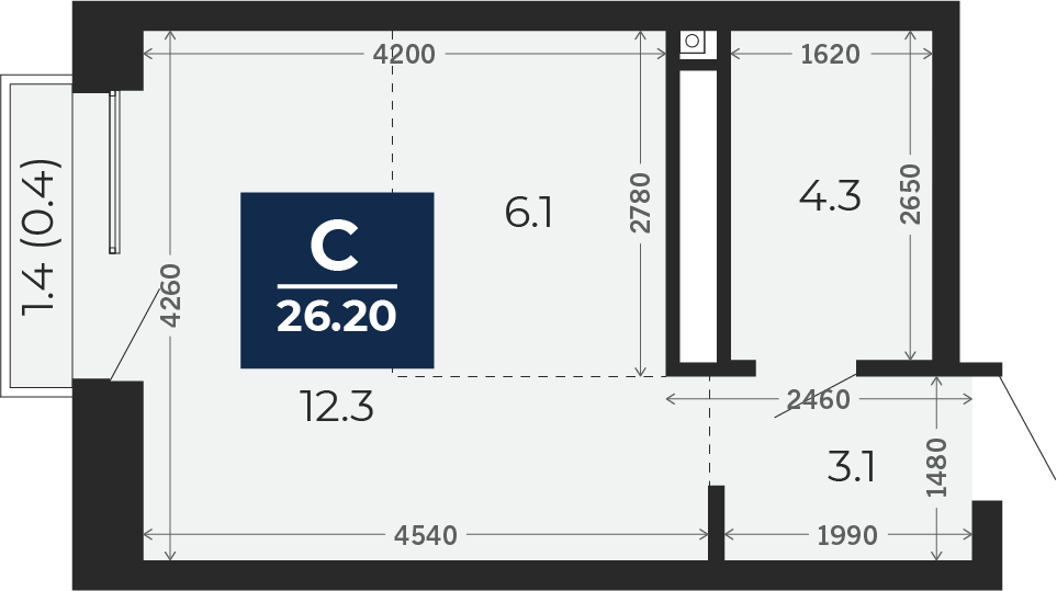 Квартира № 95, Студия, 26.2 кв. м, 10 этаж