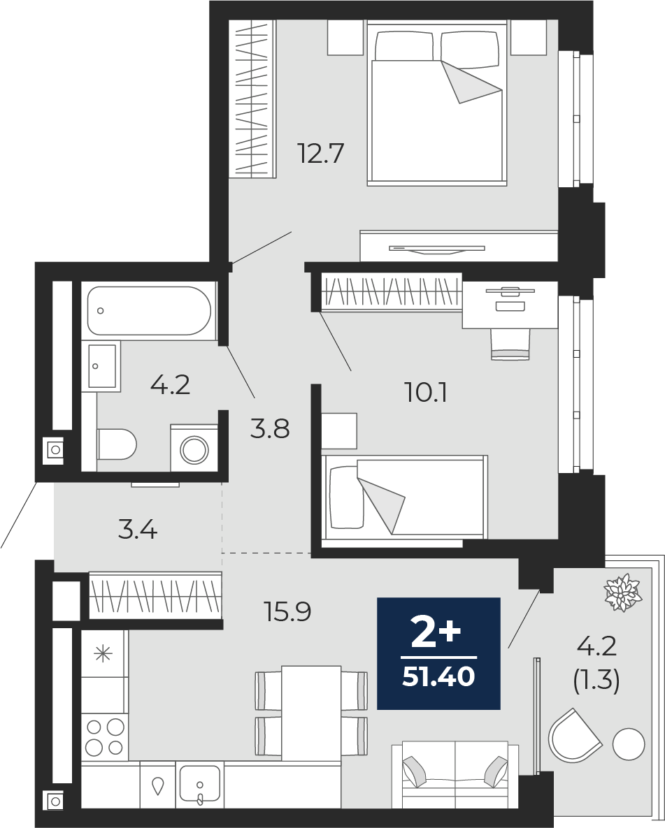Квартира № 351, 2-комнатная, 54.3 кв. м, 14 этаж
