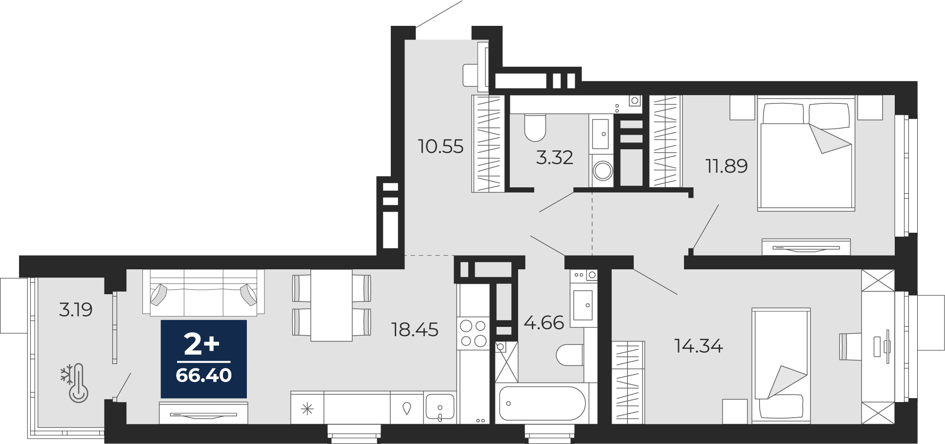 Планировка: Евротрешка 66.4 м² в ЖК Прео, Тюменская слобода