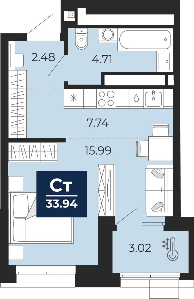 Квартира № 13, Студия, 33.94 кв. м, 3 этаж