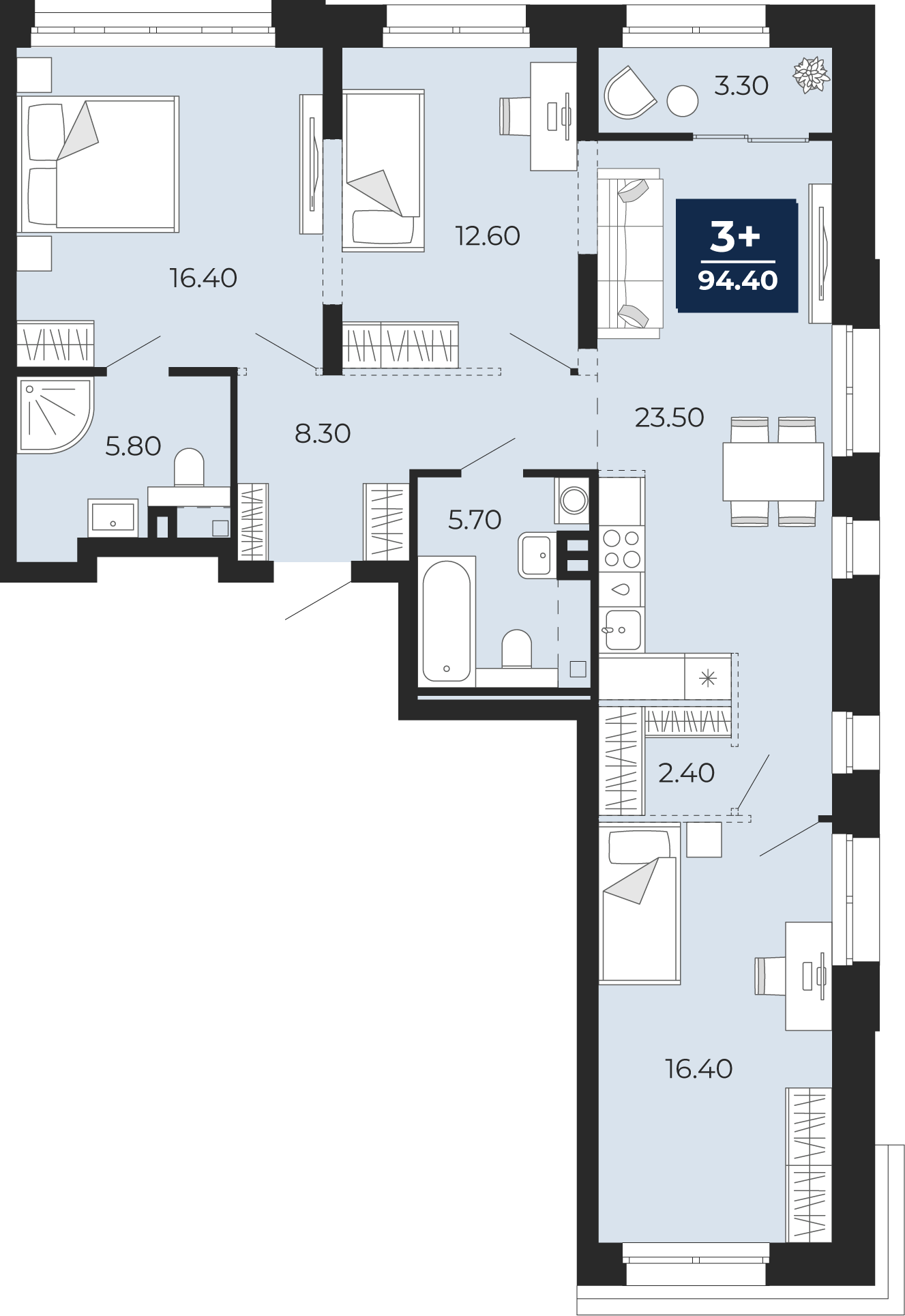 Квартира № 357, 3-комнатная, 94.4 кв. м, 2 этаж