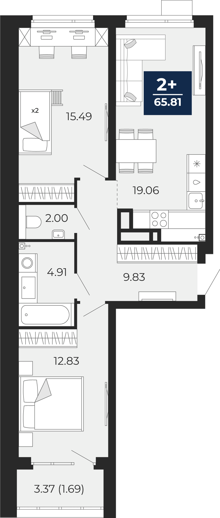 Квартира № 119, 2-комнатная, 65.81 кв. м, 2 этаж