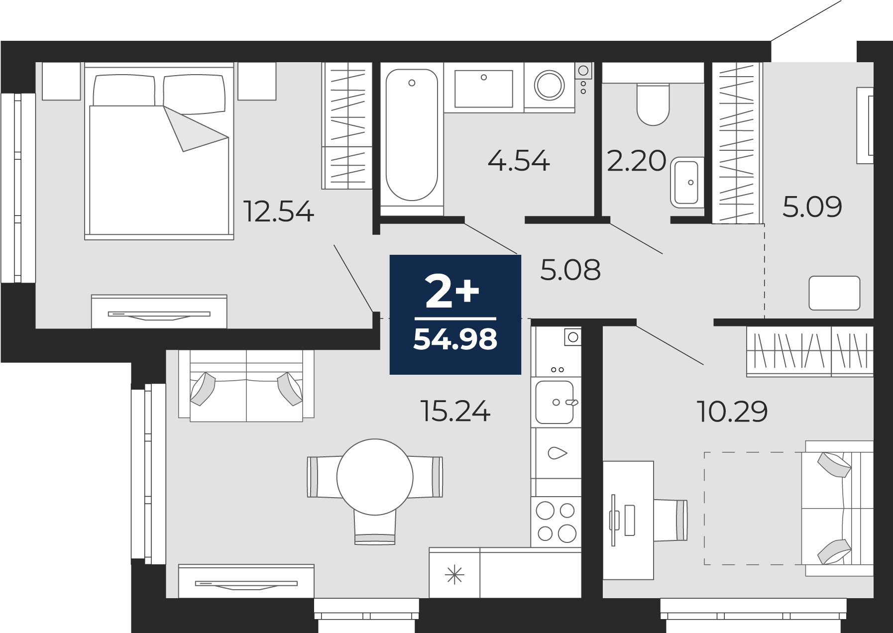 Квартира № 2, 2-комнатная, 54.98 кв. м, 1 этаж