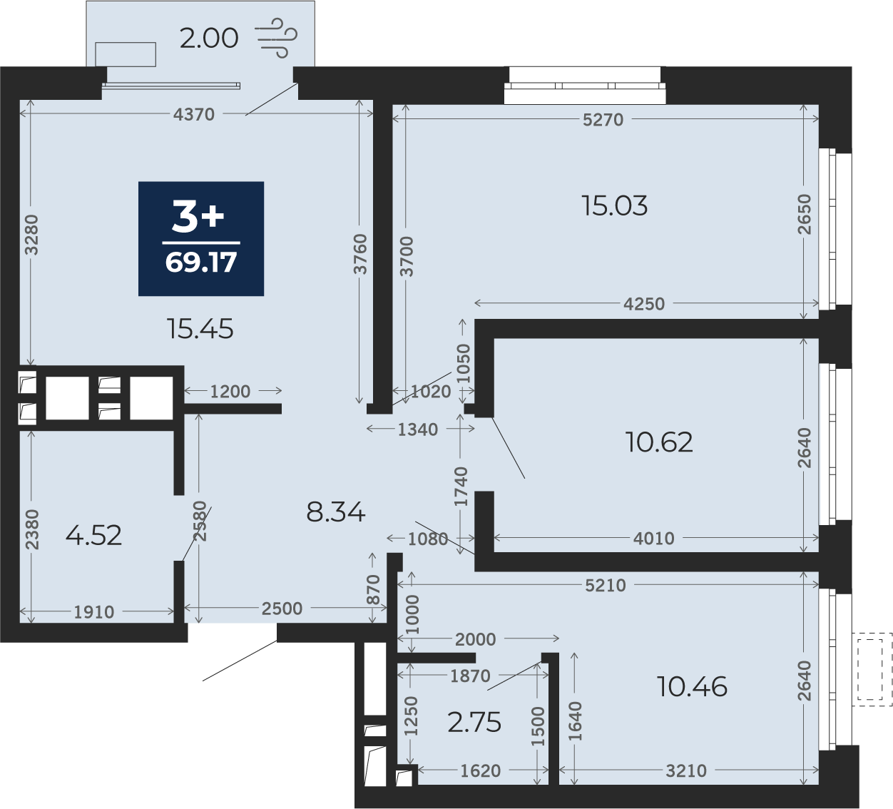 Квартира № 369, 3-комнатная, 69.17 кв. м, 9 этаж
