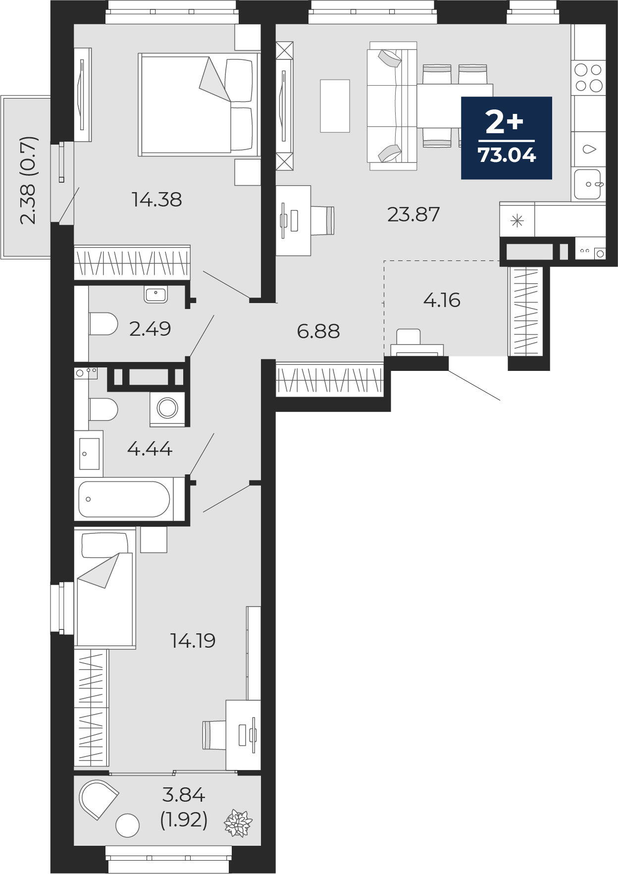 Квартира № 502, 2-комнатная, 73.04 кв. м, 13 этаж