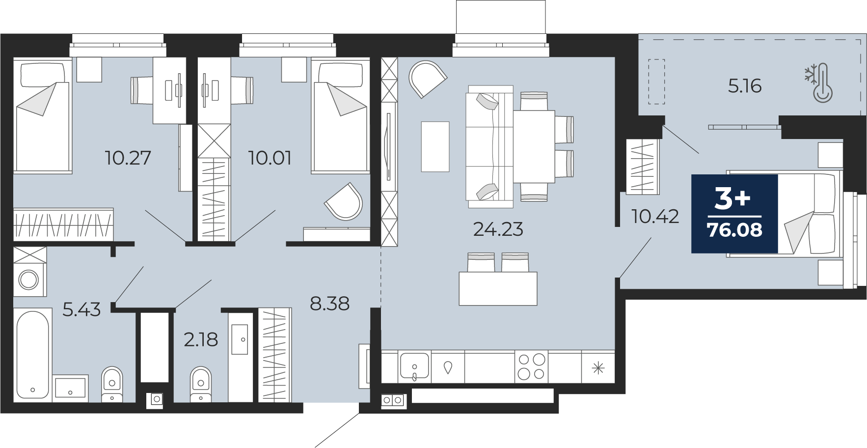 Планировка: 4-комнатная евро 76.1 м² в ЖК Мириады, Мыс