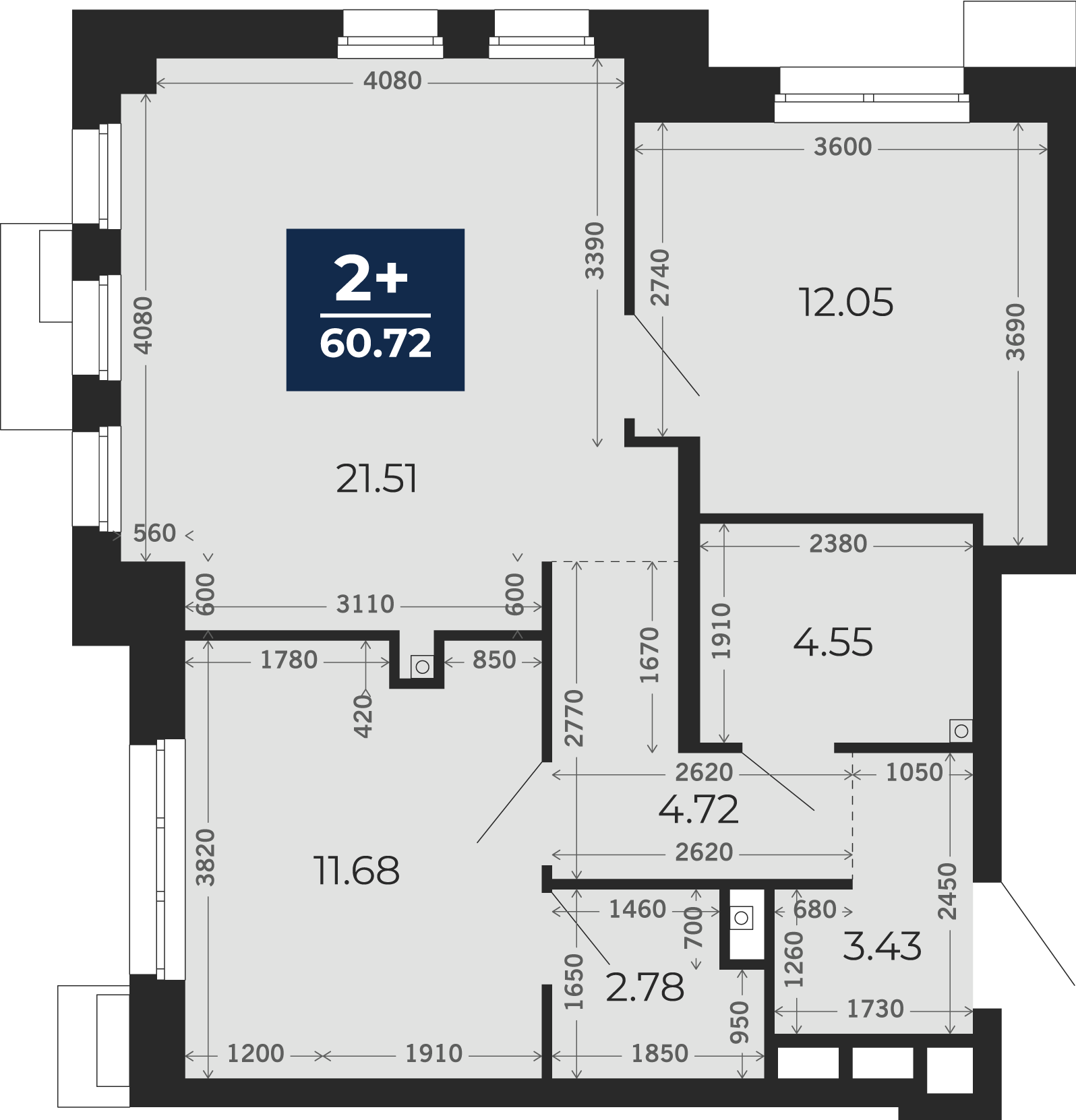 Квартира № 6, 2-комнатная, 60.72 кв. м, 2 этаж