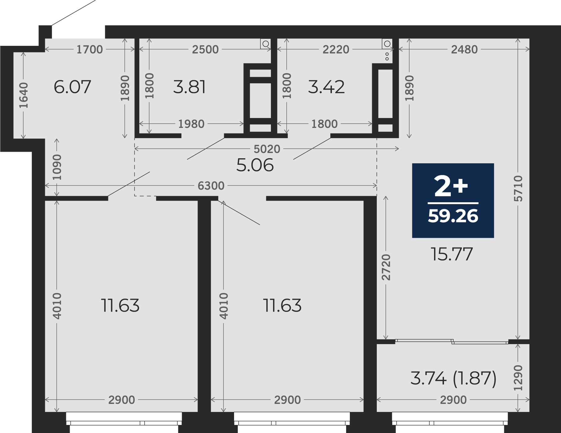 Квартира № 46, 2-комнатная, 59.26 кв. м, 7 этаж