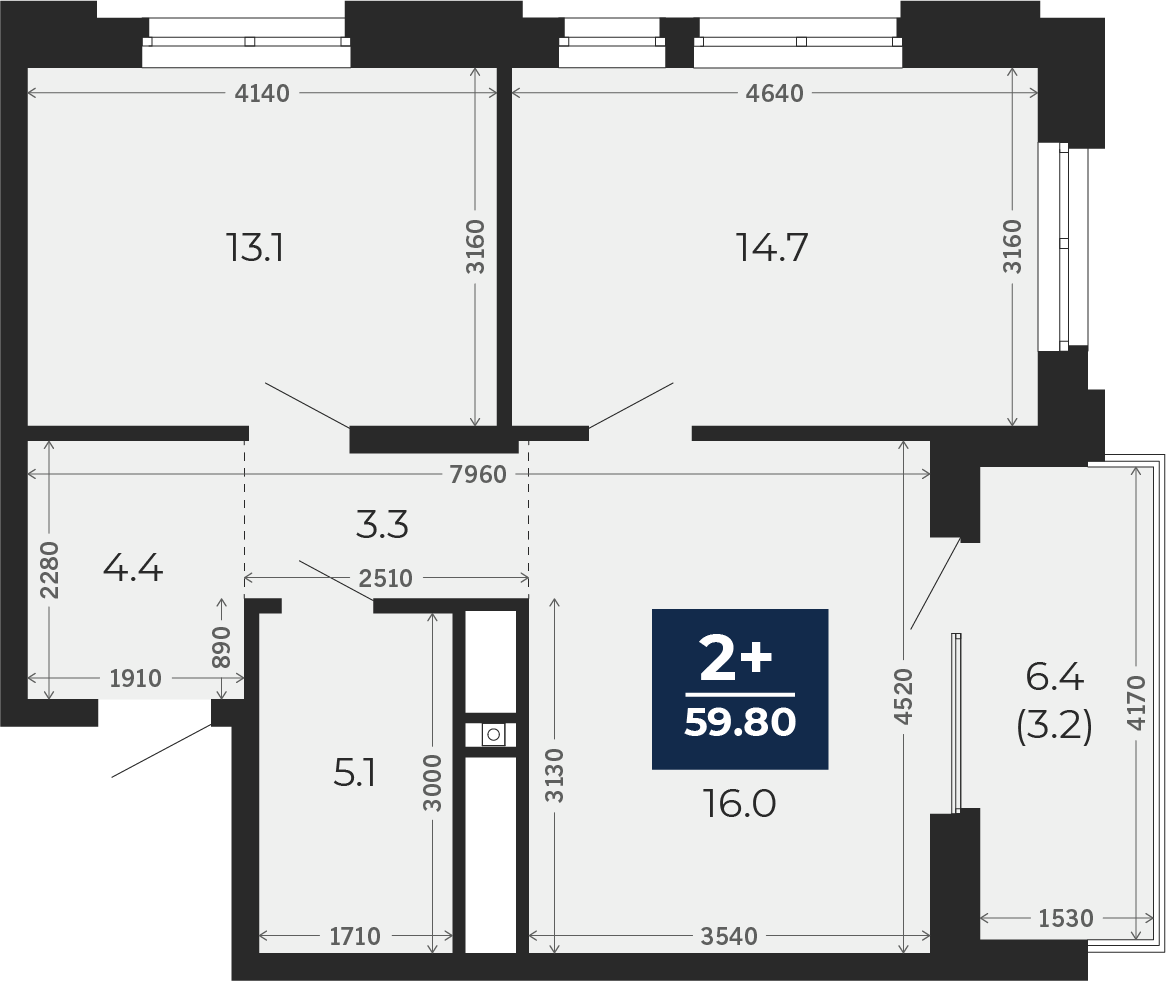Квартира № 92, 2-комнатная, 59.8 кв. м, 17 этаж