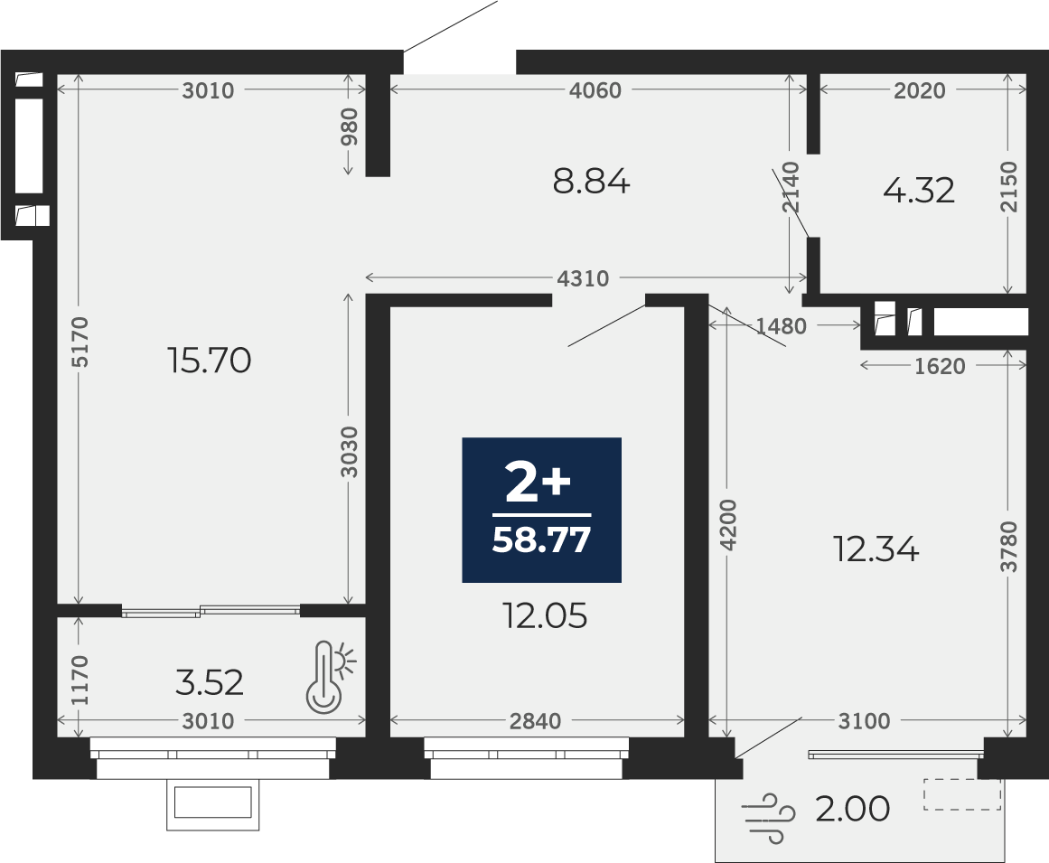 Квартира № 629, 2-комнатная, 58.77 кв. м, 6 этаж