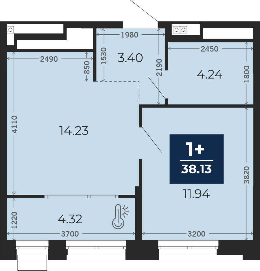 Квартира № 143, 1-комнатная, 38.13 кв. м, 2 этаж