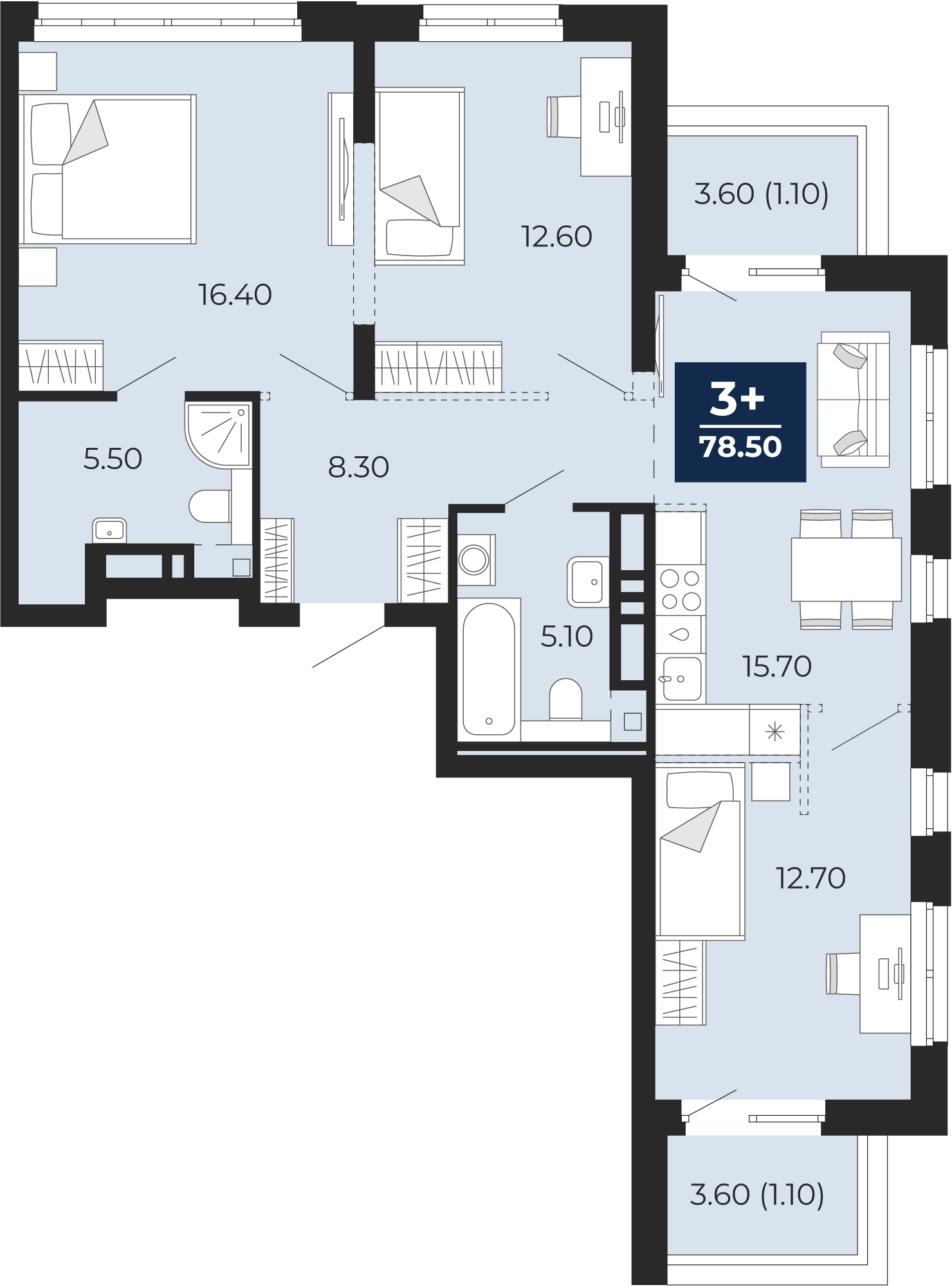 Квартира № 422, 3-комнатная, 78.5 кв. м, 15 этаж
