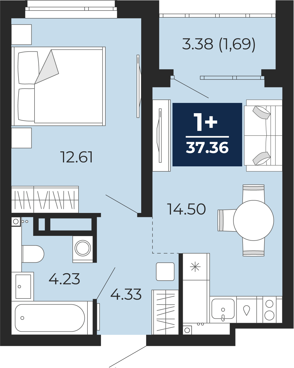 Квартира № 312, 1-комнатная, 37.36 кв. м, 21 этаж