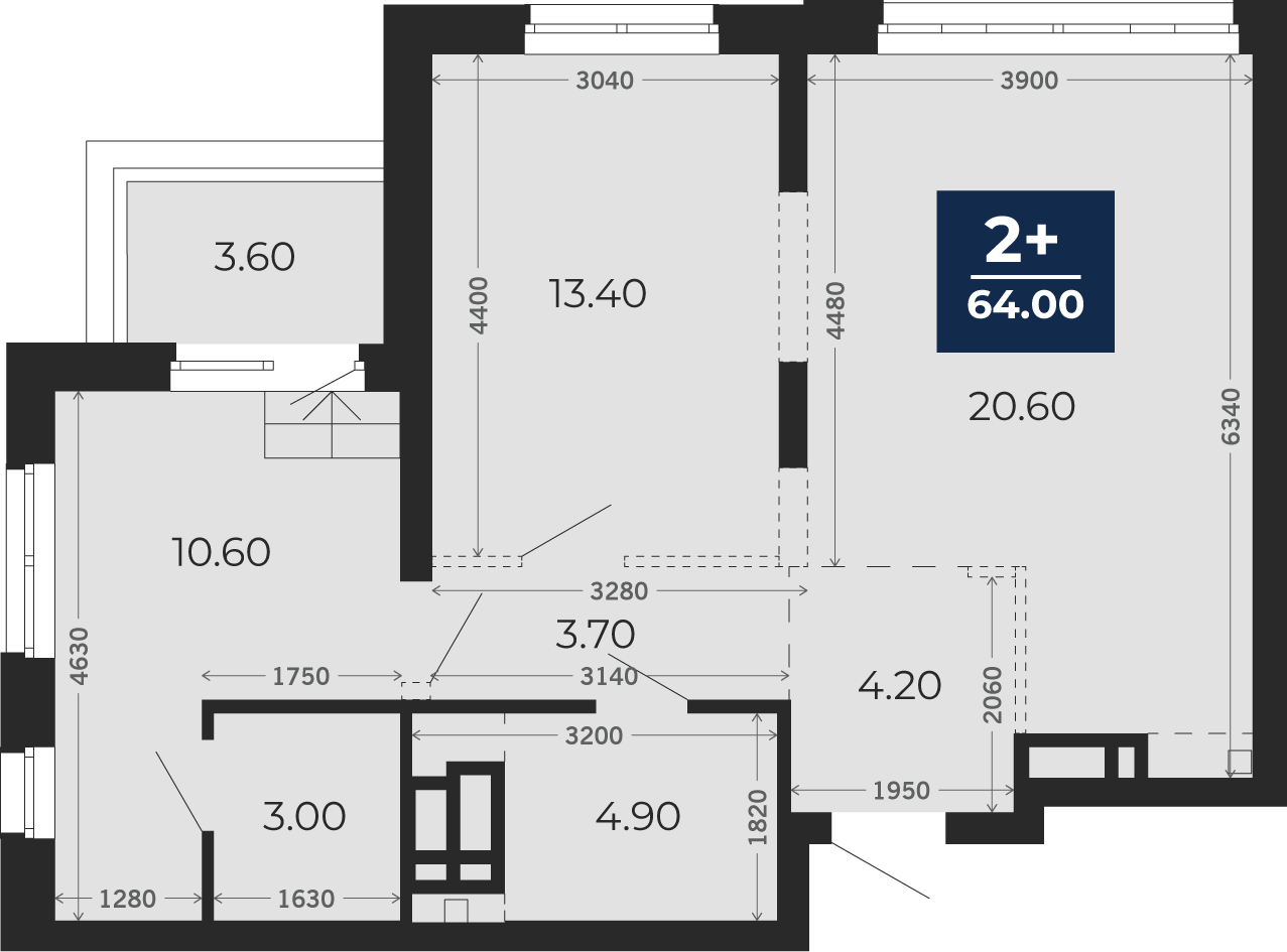 Квартира № 421, 2-комнатная, 64 кв. м, 14 этаж