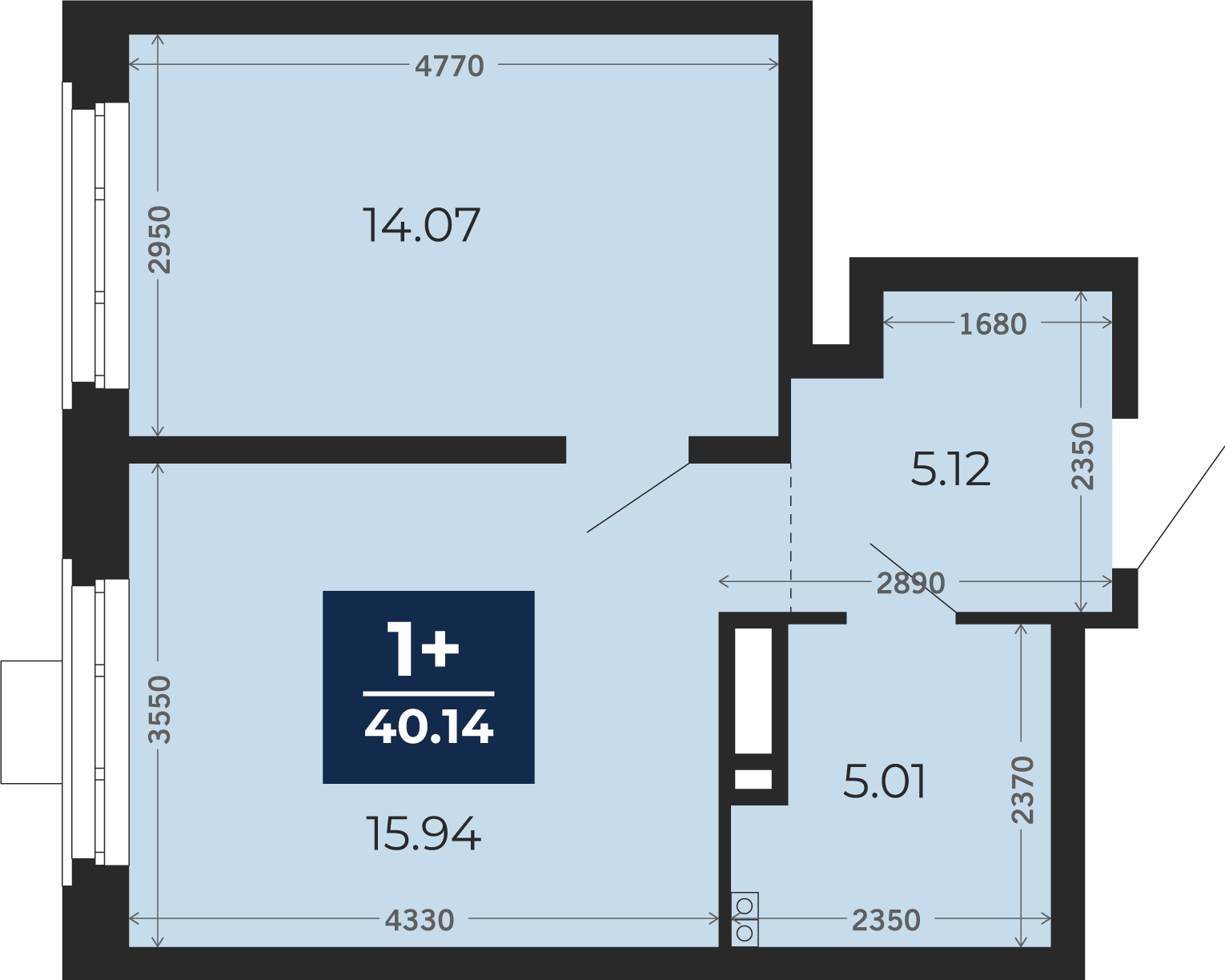 Квартира № 234, 1-комнатная, 40.14 кв. м, 18 этаж