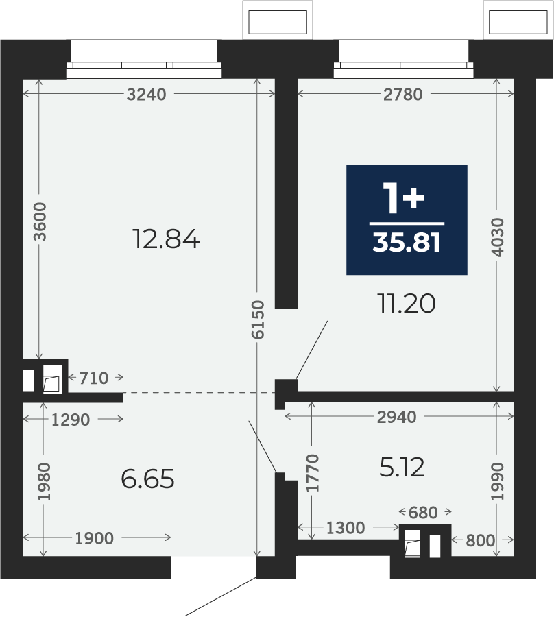 Квартира № 180, 1-комнатная, 35.81 кв. м, 1 этаж