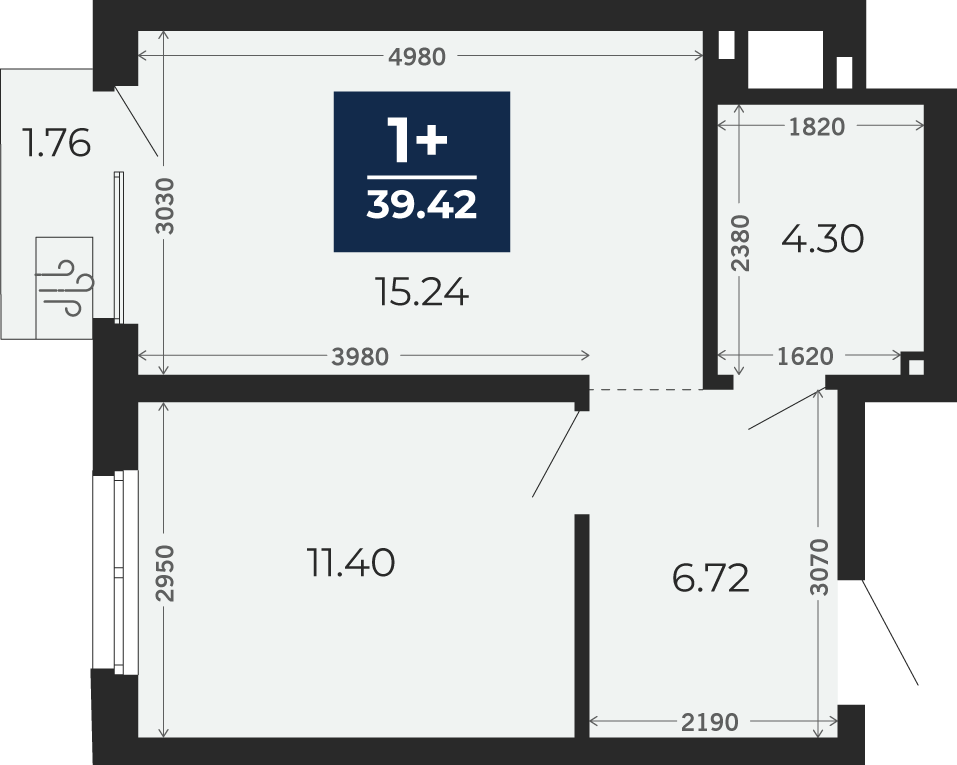 Квартира № 160, 1-комнатная, 38.19 кв. м, 2 этаж