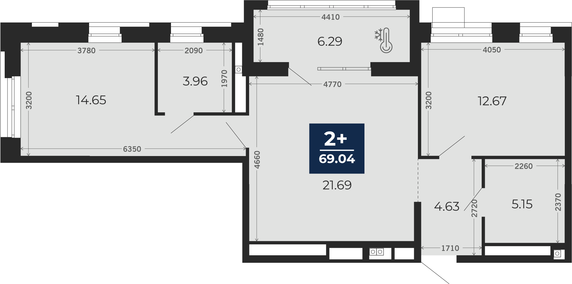Квартира № 2, 2-комнатная, 69.04 кв. м, 2 этаж