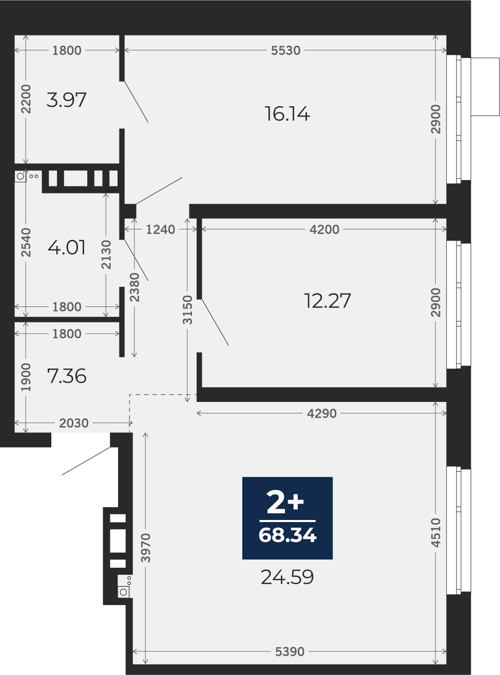 Квартира № 40, 2-комнатная, 68.34 кв. м, 6 этаж