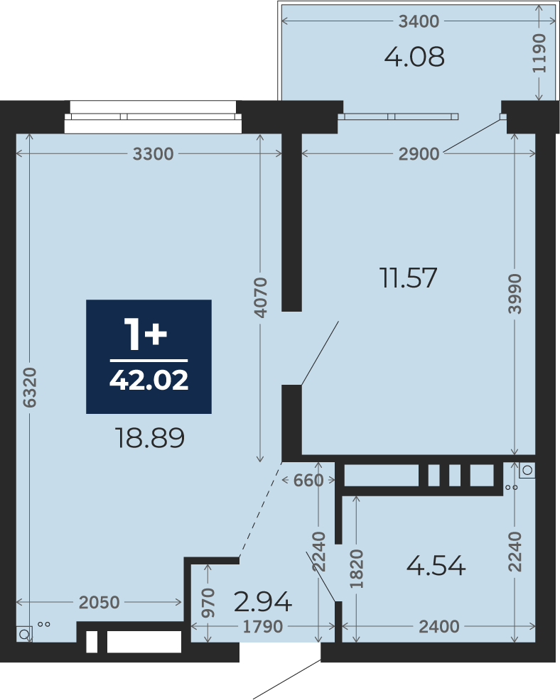 Квартира № 52, 1-комнатная, 42.02 кв. м, 8 этаж