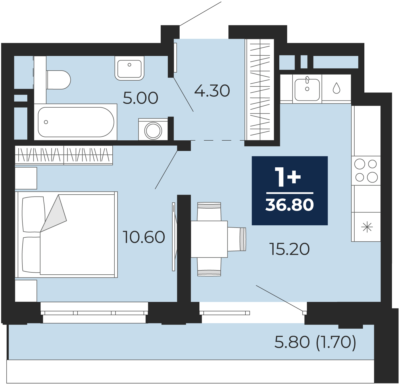 Квартира № 345, 1-комнатная, 40.9 кв. м, 17 этаж