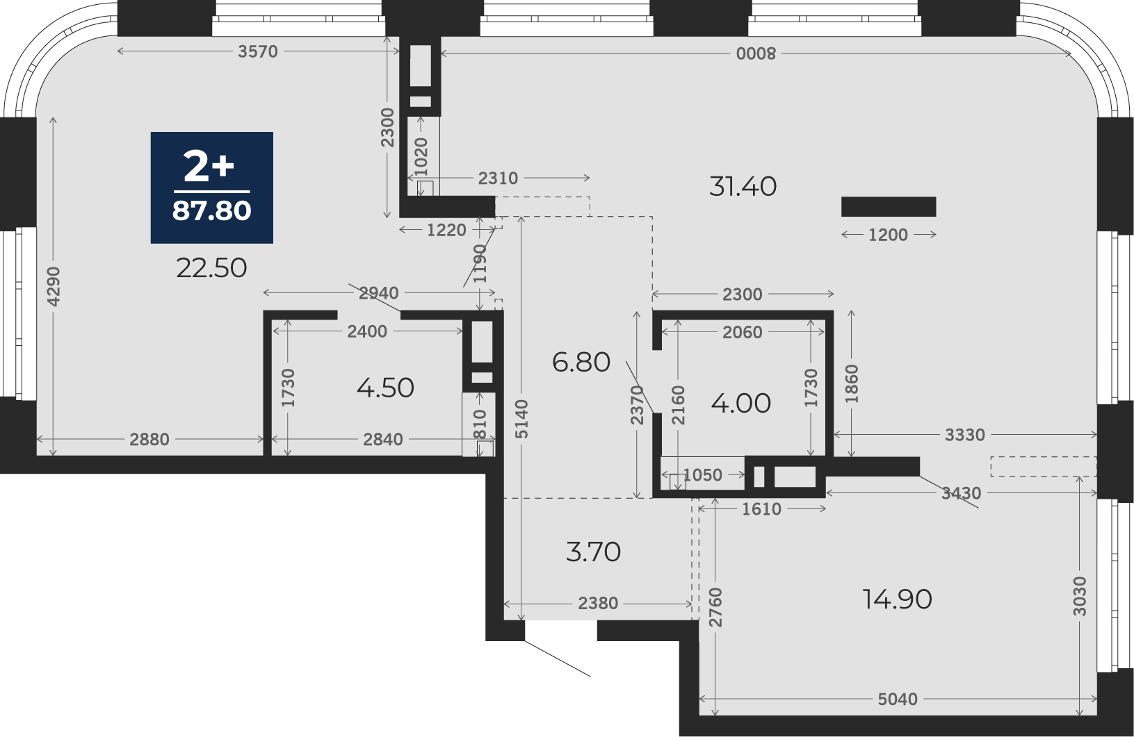Квартира № 456, 2-комнатная, 87.8 кв. м, 14 этаж