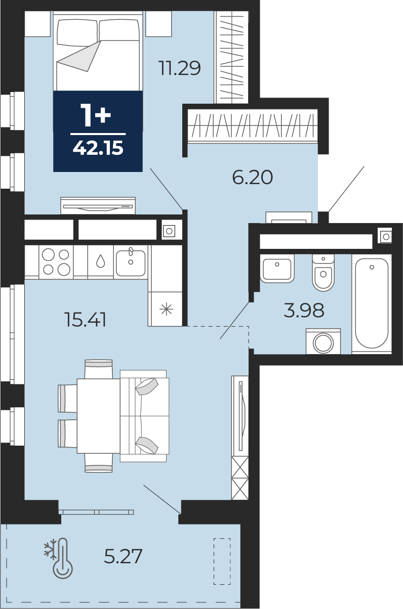 Планировка: Евродвушка 42.1 м² в ЖК Мириады, Мыс