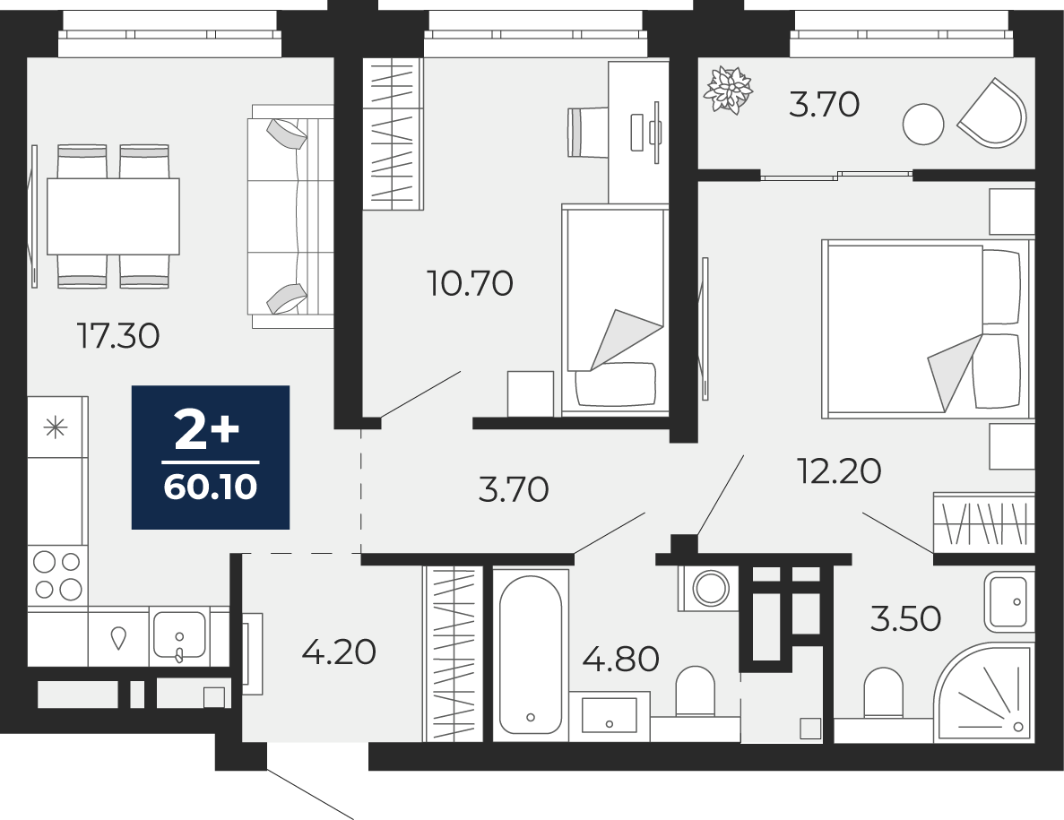 Квартира № 270, 2-комнатная, 60.1 кв. м, 4 этаж